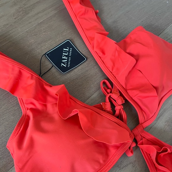 ZAFUL Ruffle High Waisted Backless Swimsuit - Bright Orange M - Picture 4 of 6